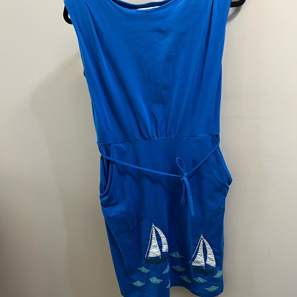 Synergy Organic Woman’s Blue Sleeveless Dress with Sailboat Appliqué Size S